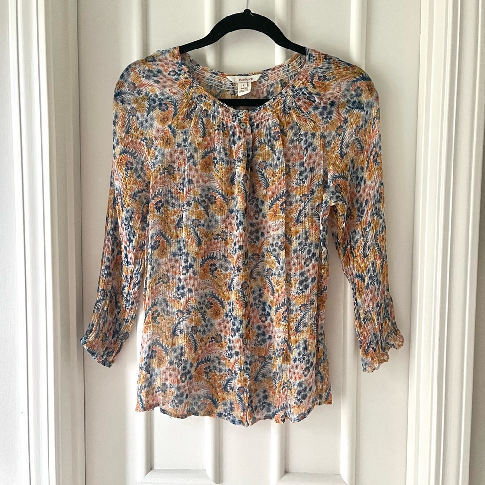 Sundance Silk Floral Sheer Button Up Blouse